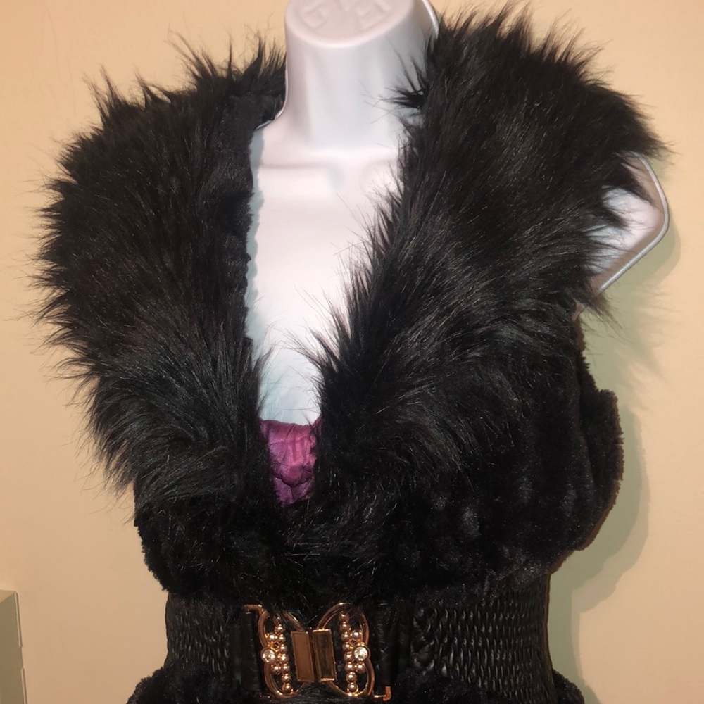Faux fur vest with gold and rhinestone belt buckle